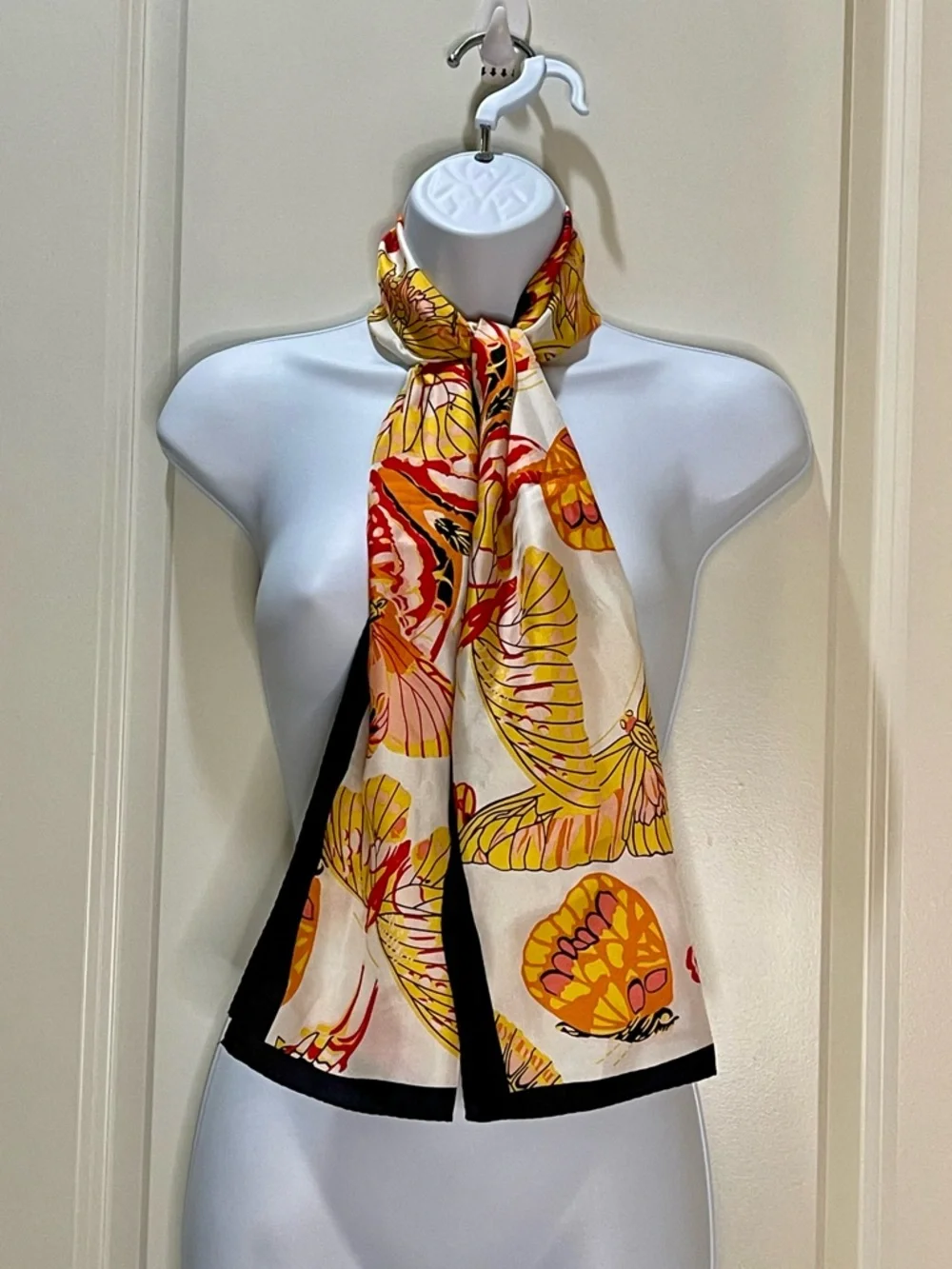 Adrienne Landau 100% Silk Butterfly Print Scarf with Black Trim 11.25x52